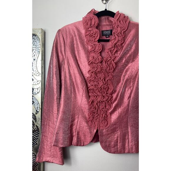 VINTAGE ADRIANNA PAPELL JACKET 12 FRILLY FEMININE RUFFLE IRIDESCENT PINK BLAZER - Picture 10 of 15